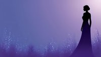 Silhouette of elegant woman in long dress standing against purple twilight background with magical sparkles and grass. Dreamy romantic atmosphere for fashion design.