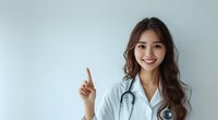 Young Asian female medical professional in white coat with stethoscope pointing upward while smiling against light background, representing healthcare service.