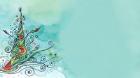 Whimsical abstract Christmas tree with swirls and colorful ornaments on turquoise watercolor background, perfect for holiday greeting cards.