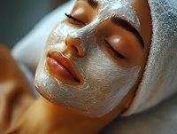 Young Asian woman with clay facial mask relaxing during spa treatment, eyes closed and wearing white towel on head, wellness and skincare concept.