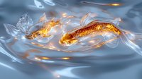 Glowing golden koi fish swimming in rippling blue water, creating magical light effects and reflections in mystical underwater scene. For fantasy art and spiritual designs.