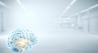 Glowing digital brain with neural network connections on white surface in modern office environment, representing artificial intelligence, technology innovation, and data processing.