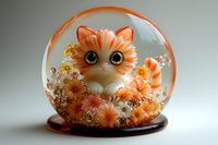 Adorable orange kitten figurine in glass snow globe surrounded by delicate peach and white flowers, creating whimsical decorative piece for home decor.