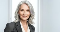 Mature woman with gray hair wearing professional black blazer and white shirt, isolated on white background for corporate and business design use.