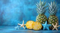 Fresh pineapples and blue starfish arranged on tropical beach setting with turquoise background creating summer vacation mood for food and travel designs.