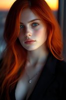 Young woman with vibrant red hair and striking blue eyes gazes at sunset, wearing black blazer and delicate necklace. Natural freckles and warm lighting create dramatic portrait.