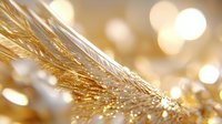 Shimmering golden feather macro with soft bokeh lights in background creates dreamy festive atmosphere. Delicate details and light reflections capture luxury mood.