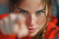Close-up portrait of young woman with freckles and blue eyes in red clothing, extending hand toward camera with blurred foreground.
