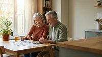 Happy senior couple reviewing financial documents together at home kitchen table planning retirement budget and investments.