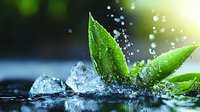 Fresh green leaves with water drops and ice cubes on dark wet surface against blurred background. Dynamic splash and droplets create refreshing composition.