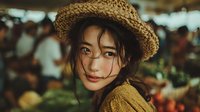 Young Asian woman wearing straw hat smiling at camera in bustling farmers market with fresh produce background for lifestyle and agriculture concepts.