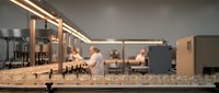 Modern laboratory with scientists conducting research experiments using advanced equipment and glassware in sterile environment.