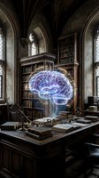 Glowing neon brain hovers above wooden desk in gothic library with arched ceilings, bookshelves, and stained glass windows, symbolizing knowledge and intellect.
