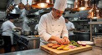 Professional chef in white uniform and hat preparing fresh ingredients on cutting board in busy commercial restaurant kitchen with copper cookware.