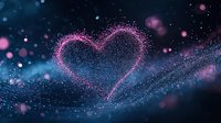 Glowing pink heart shape formed by sparkling particles against dark cosmic background with blue nebula effects and bokeh lights. Romantic space concept.