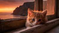 Orange tabby kitten gazing out coastal window at sunset, with dramatic cliffs and golden sky reflected in glass for pet, travel and lifestyle content.