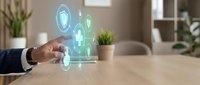 Businessman hand interacting with glowing digital security icons and network symbols floating above wooden desk in modern office environment with plants.