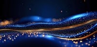Glowing abstract waves with golden and blue light trails against dark background create magical atmosphere with sparkling particles and bokeh effect.
