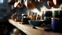 Rustic kitchen shelf with ceramic bowls and copper cookware hanging above, moody lighting creates atmospheric composition for food and home decor styling.