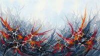 Abstract organic forms with flowing lines and vibrant orange red accents on neutral background for modern interior design and creative projects.