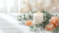 Spa wellness arrangement with lit candle, eucalyptus branches and pink salt crystals on white wooden surface for relaxation and aromatherapy treatments.