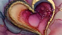 Abstract heart shape in alcohol ink technique with flowing burgundy, gold and purple colors creating romantic Valentine design.