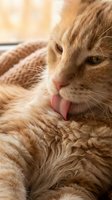 Ginger tabby cat with tongue out licking fur during grooming session, close-up portrait of long-haired feline pet displaying playful behavior and affection.