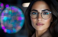 Young Hispanic woman wearing stylish eyeglasses with colorful bokeh lights in background, showcasing modern beauty and confidence in professional portrait setting.