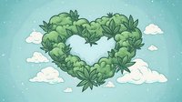 Heart shaped arrangement of cannabis leaves and buds floating in cloudy blue sky, romantic marijuana concept art for valentines day greeting cards and social posts.