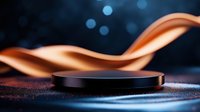 Elegant black circular platform with flowing copper ribbon against dark blue bokeh background for luxury product display and premium branding presentations.