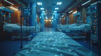 Futuristic hospital ward with glowing network visualization over patient beds, showcasing modern medical technology and digital healthcare connectivity in blue tones.