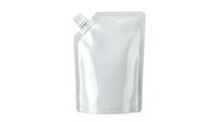 White flexible pouch with spout cap isolated on transparent background for liquid products packaging design and branding mockup applications.