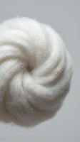 Fluffy white wool roving in soft spiral formation, ideal for crafting, felting, and textile design projects.