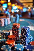 Stacks of poker chips on casino table with blurred bokeh lights in background, featuring red, blue and white gaming tokens on green felt surface.