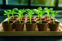 Young green seedlings growing in biodegradable peat pots arranged in wooden tray, showing early plant development stages in organic gardening setup.