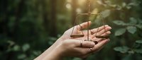 Golden scales of justice floating above open palm in natural forest setting with warm sunlight creating ethereal legal concept for law firms and attorneys.