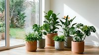 Collection of lush green houseplants in decorative pots arranged on wooden surface near bright window, creating natural indoor garden atmosphere for home decor.