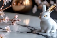White ceramic bunny figurine with gold details near delicate pink cherry blossoms on reflective surface, creating soft shadows against blurred festive background.