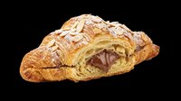 Freshly baked croissant with chocolate filling, sliced almond topping, isolated on transparent background. Ready for bakery menus, food packaging, recipe blogs, print-on-demand products and culinary designs.
