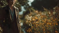 Young Caucasian man in vintage coat standing among golden autumn foliage during warm sunset light creating peaceful outdoor portrait atmosphere.