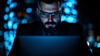 Middle Eastern man with beard and glasses working late at computer, illuminated by blue screen glow against dark background with bokeh lights, cybersecurity concept.