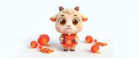 Cute cartoon goat character with large eyes wearing red outfit, surrounded by orange fruits and autumn leaves on white background, isolated for design use.