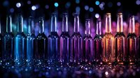 Glass bottles arranged in row creating gradient from blue to purple to amber colors with bokeh lights background, reflective surface adds magical glow effect.