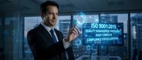 Professional businessman in suit touching holographic ISO 9001:2015 quality management interface in modern office with futuristic technology display.