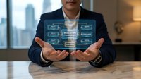 Professional businessman presenting digital workflow diagram with hands in modern office environment showcasing business process automation technology.