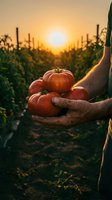 Farmer hands holding fresh ripe tomatoes at sunset in agricultural field. Organic farming harvest concept with golden hour lighting and vegetable garden rows.
