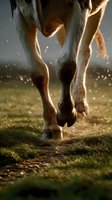 Close-up of horse hooves on grass at sunset with magical backlit dust particles creating atmospheric golden glow. Artistic equestrian photography for nature themes.