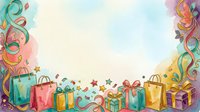 Colorful gift boxes and shopping bags with ribbons and confetti on pastel watercolor background, isolated design element for greeting cards, invitations, and festive marketing materials.