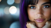 Young mixed race woman with purple hair and natural makeup smiling gently against blurred bokeh background, close up portrait in soft evening lighting.