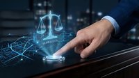 Businessman hand touching digital scales of justice hologram with legal technology interface and city skyline background for law firm services.